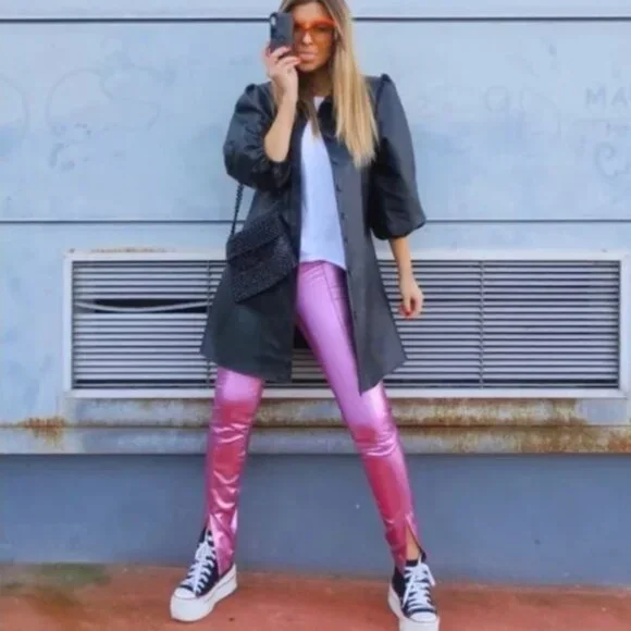 Zara Metallic Shiny Legging High Rise Pants in Pink NEW S - Picture 13 of 13